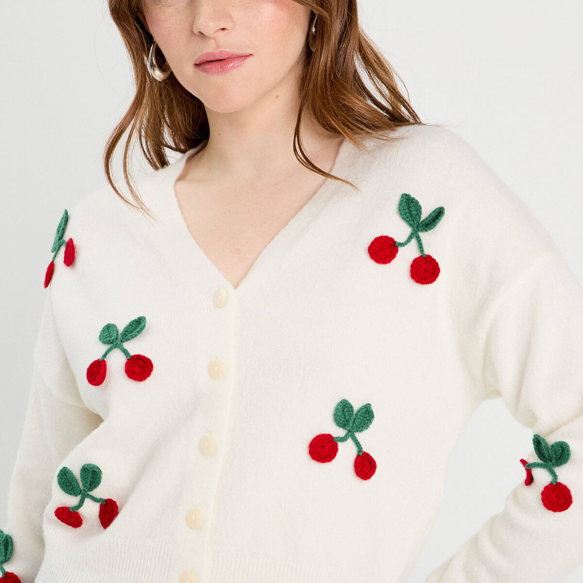 Gilet court brodé ecru femme