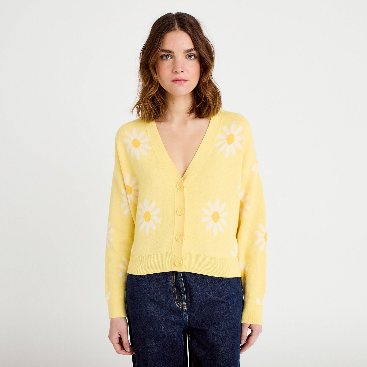 Gilet col v motif fleur jaune clair femme