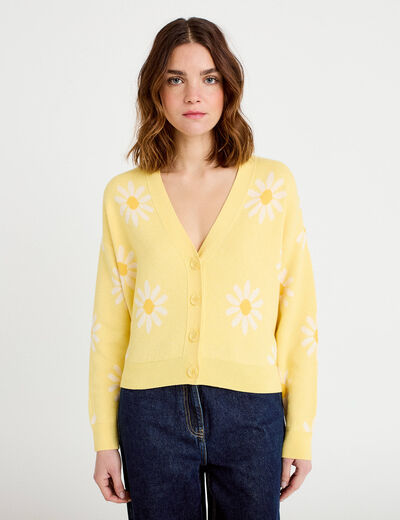 Gilet col v motif fleur jaune clair femme
