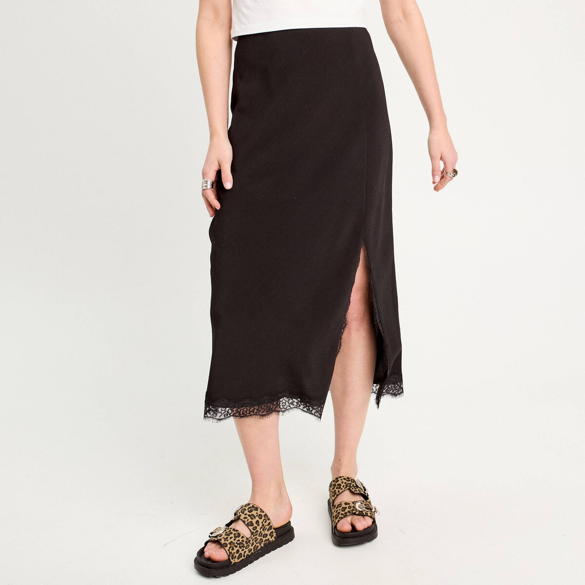 Jupe midi droite fendue noir femme