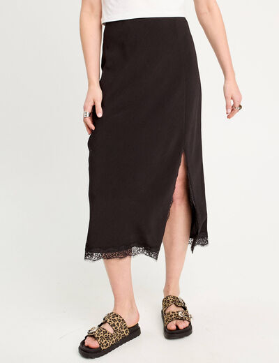 Jupe midi droite fendue noir femme