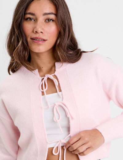 Gilet manches longues noué rose clair femme