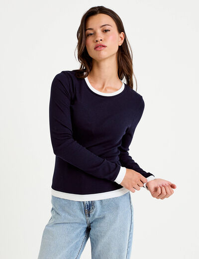 T-shirt 2-en-1 col rond manches longues bleu marine femme