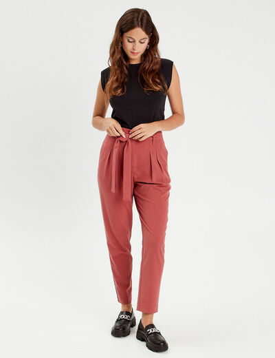 Pantalon paperbag fluide vieux rose femme