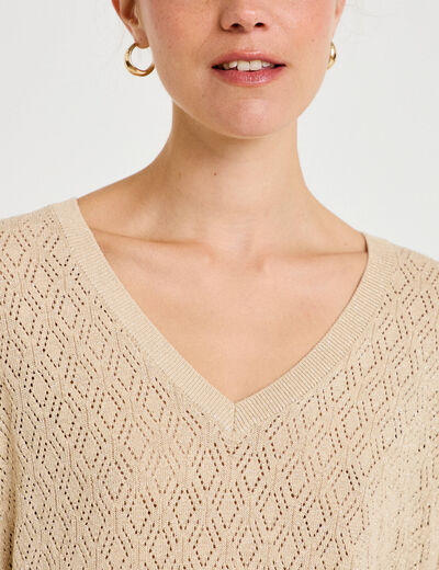 Pull ajour&eacute; col v manches courtes beige femme