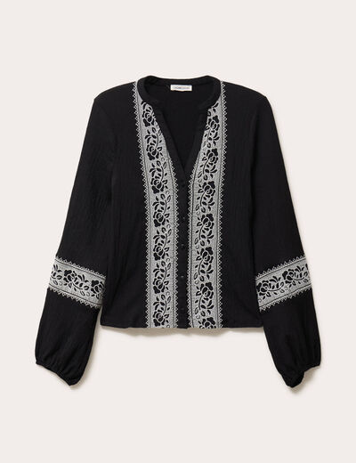 Blouse brod&eacute;e col tunisien noir femme