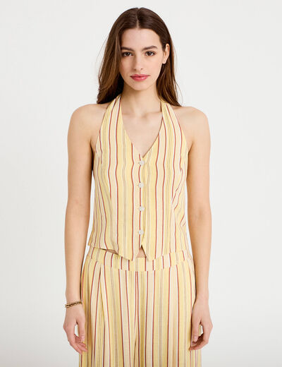 Gilet cintr&eacute; cropped col v sans manches jaune paille femme