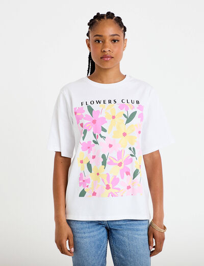 T-shirt manches courtes print fleurs blanc femme