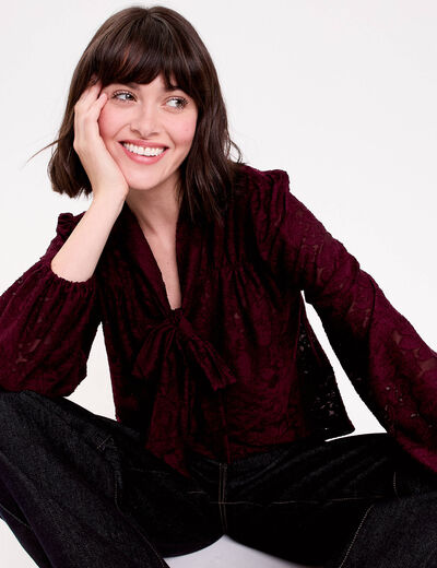 Blouse col lavalli&egrave;re bordeaux femme