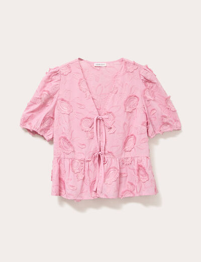 Blouse manches courtes noeuds rose poudrée femme