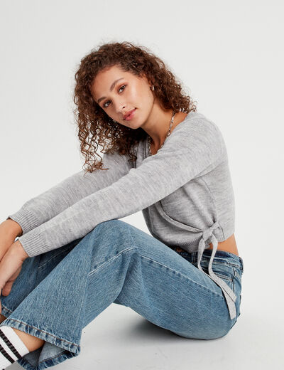 Gilet col cache-coeur noué gris clair femme