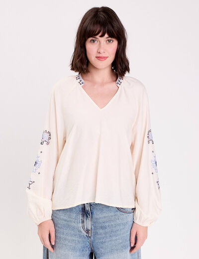 Blouse oversize col v manches longues ecru femme