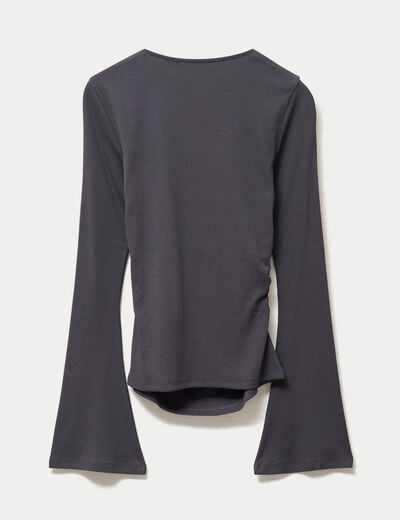 T-shirt ajust&eacute; col rond manches longues gris fonc&eacute; femme