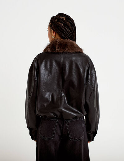 Veste droite similicuir col tailleur noir femme