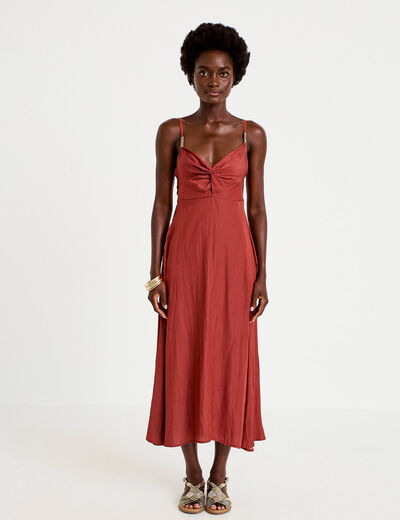 Robe longue &eacute;vas&eacute;e col v satin&eacute;e vieux rose femme