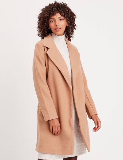 Manteau droit ceinturé camel femme