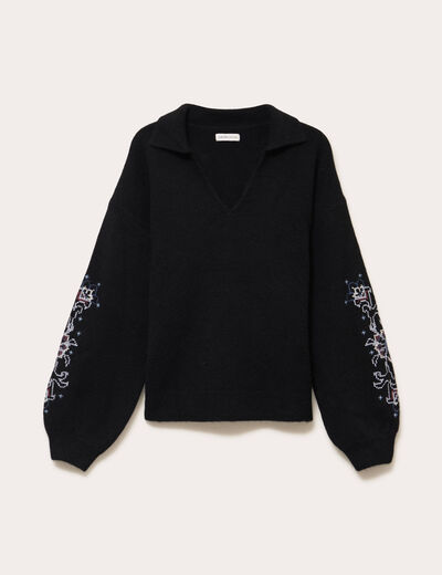 Pull brod&eacute; manches longues noir femme
