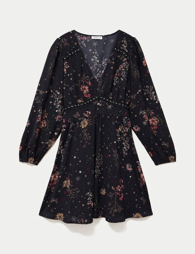 Robe courte &eacute;vas&eacute;e col v manches longues noir femme