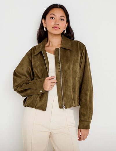 Veste effet boule oversize cropped vert kaki femme