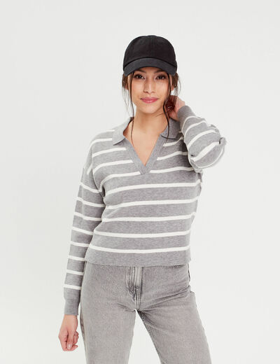 Pull manches longues col polo gris clair femme