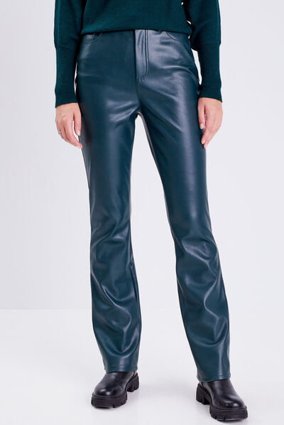 Pantalon flare simili cuir vert foncé femme