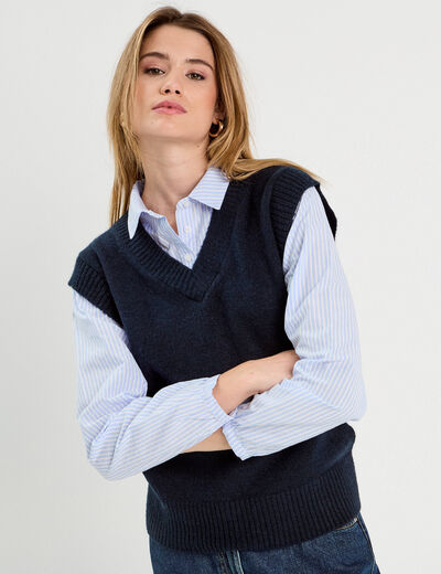 Pull 2-en-1 col en V bleu marine femme