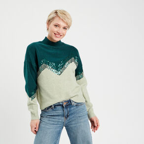 Pull avec sequins vert foncé femme