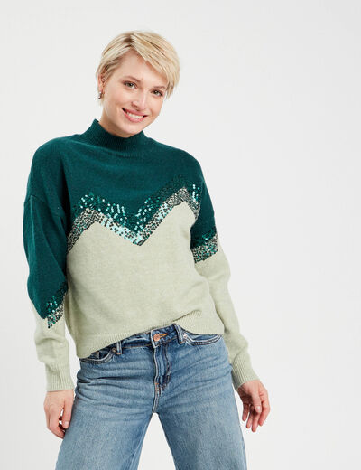 Pull avec sequins vert foncé femme