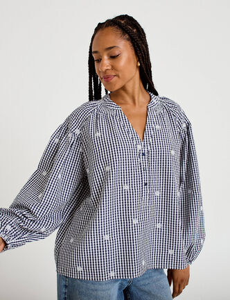 Blouse vichy brod&eacute;e bleu femme