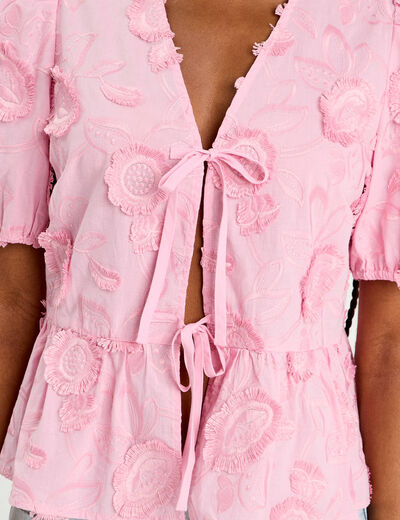 Blouse manches courtes noeuds rose poudrée femme