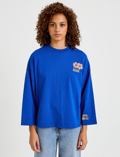 Sweat oversize col rond manches longues bleu electrique femme