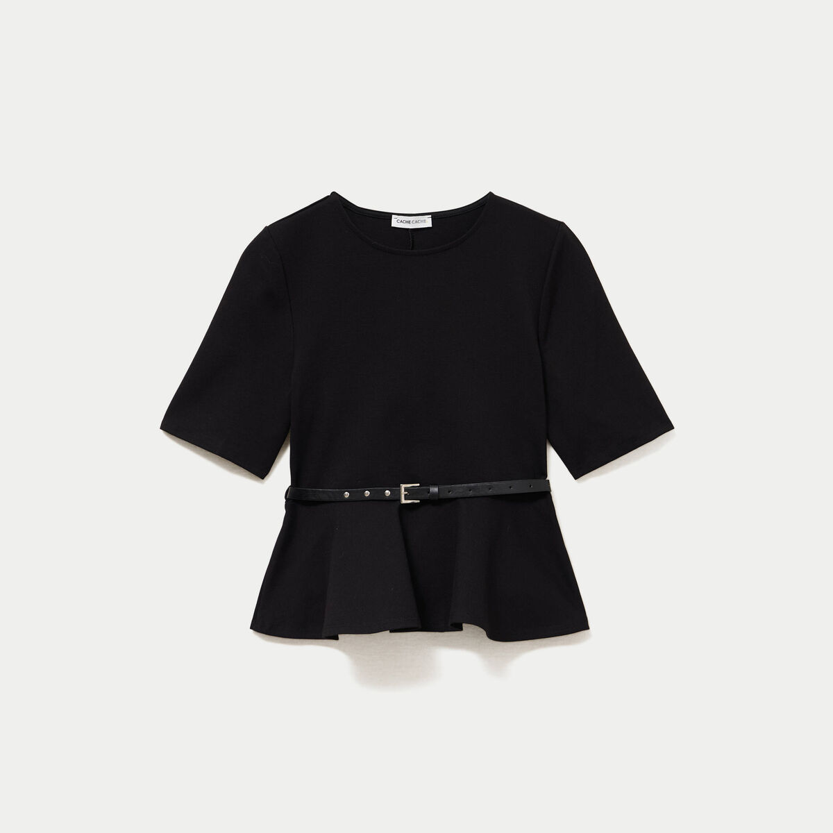 Top p&eacute;plum ceintur&eacute; manches courtes noir femme