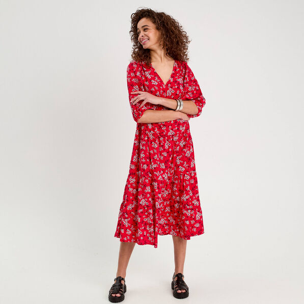 Robe longue évasée fluide rouge femme