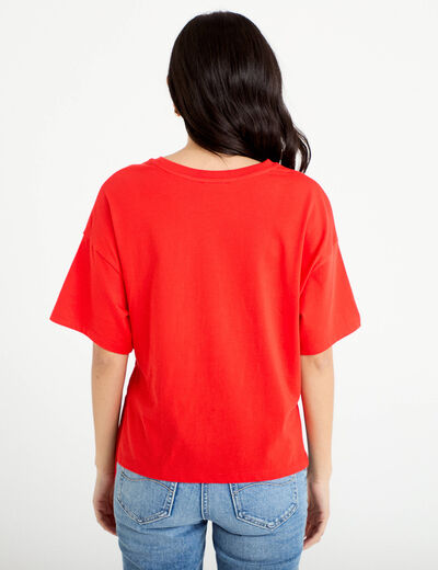 T-shirt &agrave; fronces avec bijou rouge femme