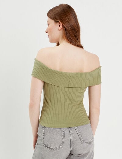 T-shirt manches courtes côtelé vert kaki femme