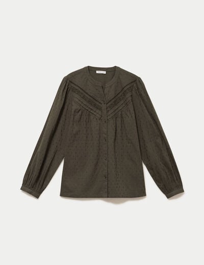 Blouse droite col rond manches longues vert kaki femme