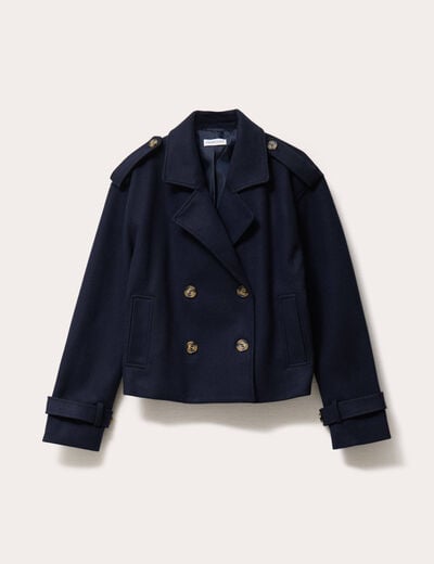 Trench droit court col tailleur bleu marine femme