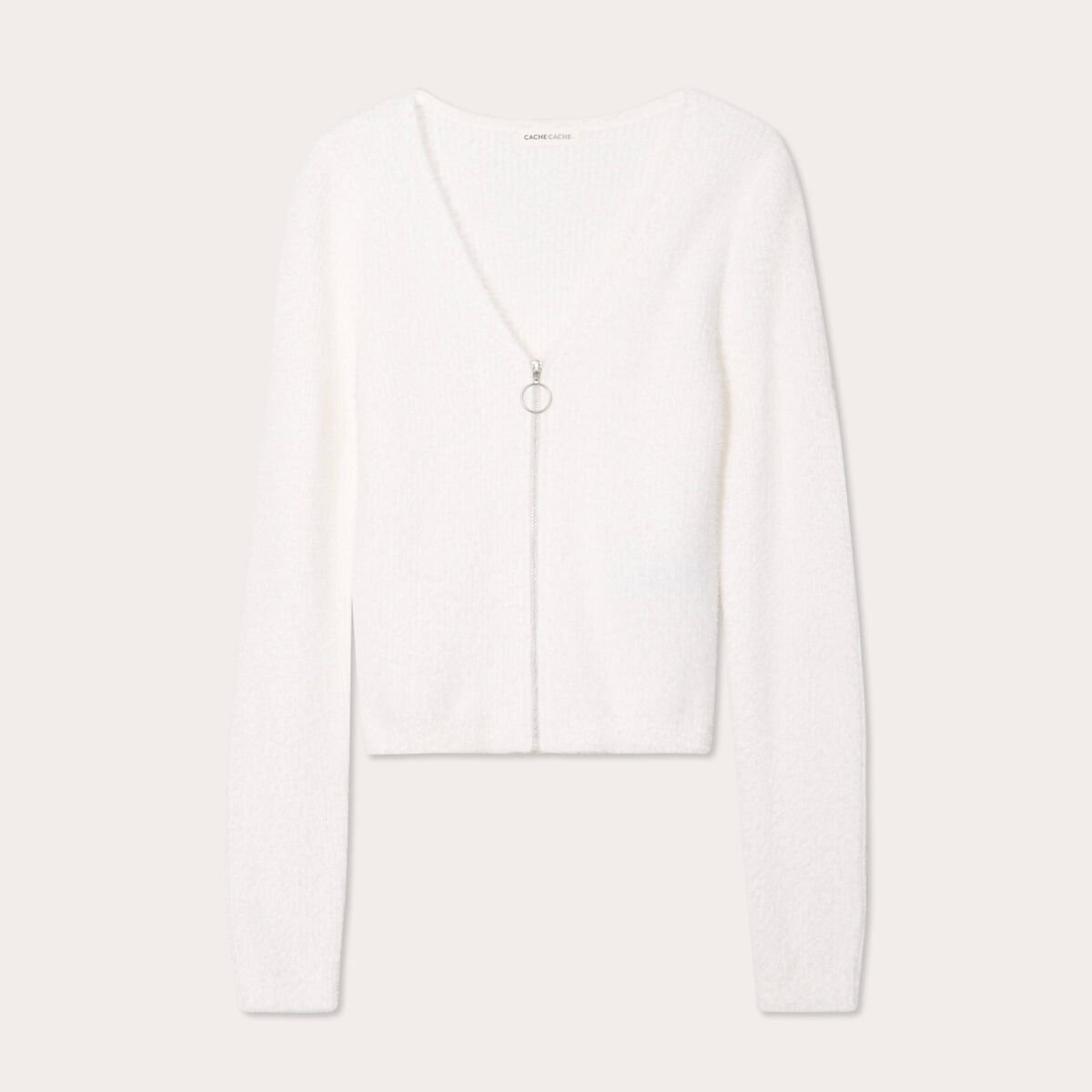 Gilet zippé mailles duveteuses ecru femme