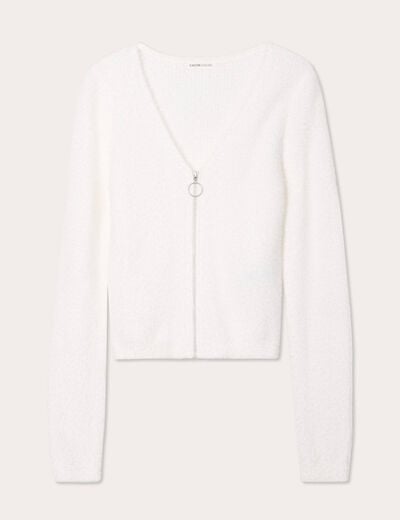 Gilet zippé mailles duveteuses ecru femme