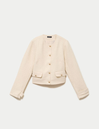 Veste tweed cintr&eacute;e col mao ecru femme