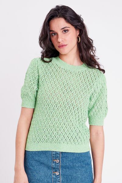 Pull manches courtes ajouré vert clair femme