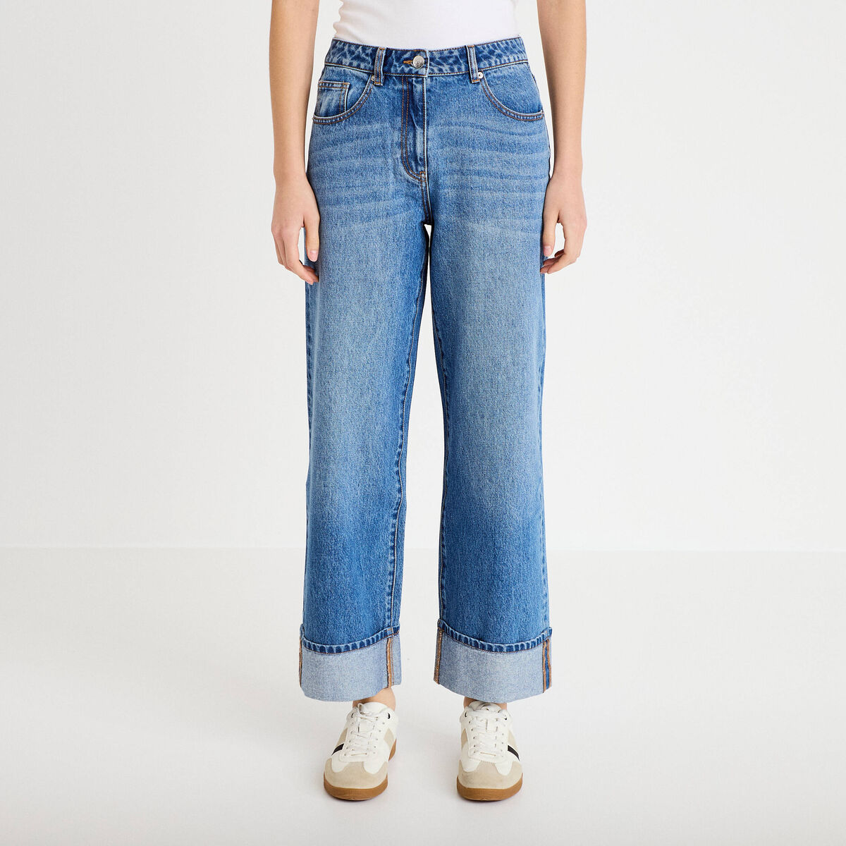 Jeans droit &agrave; revers denim double stone femme