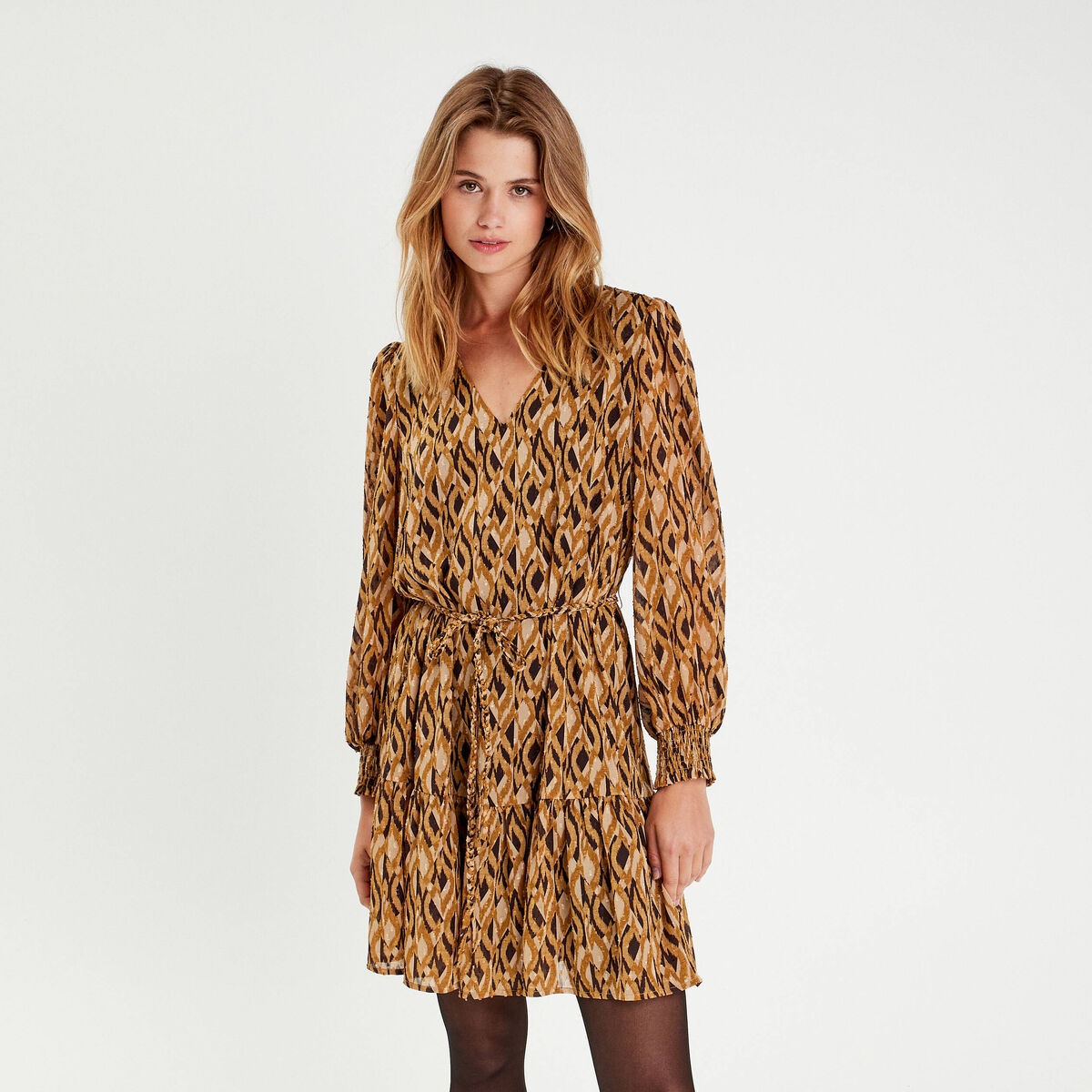 Robe droite col en V marron femme