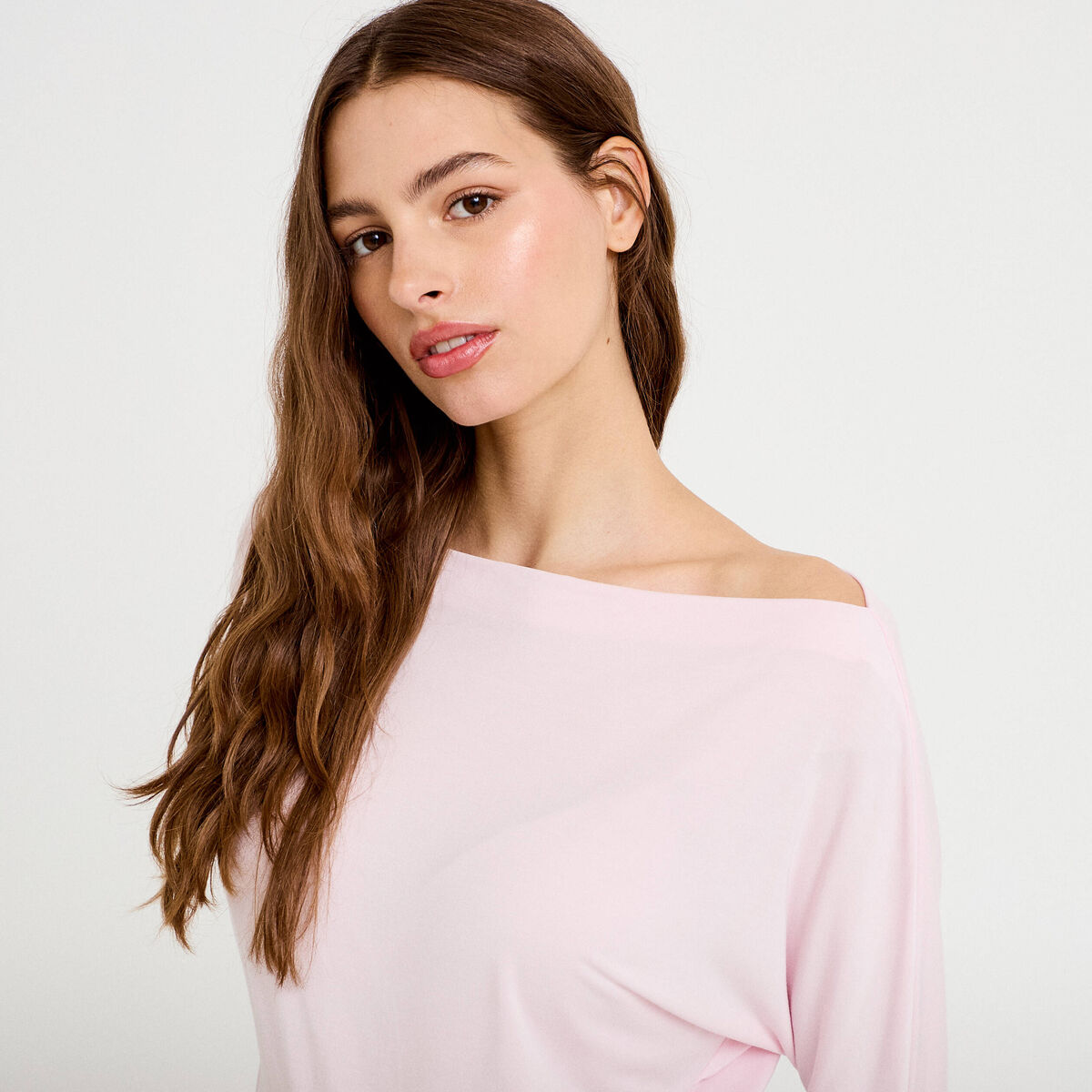 T-shirt col bateau manches longues rose clair femme