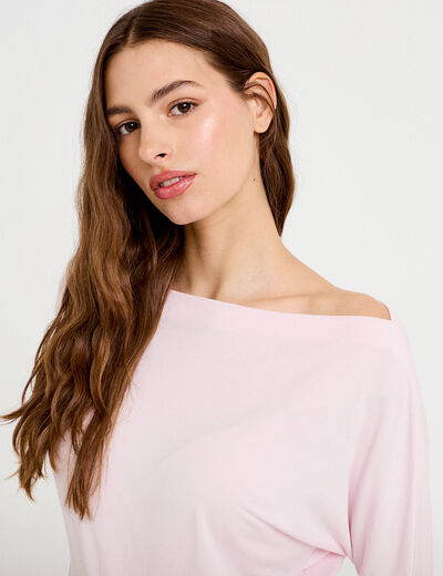 T-shirt col bateau manches longues rose clair femme