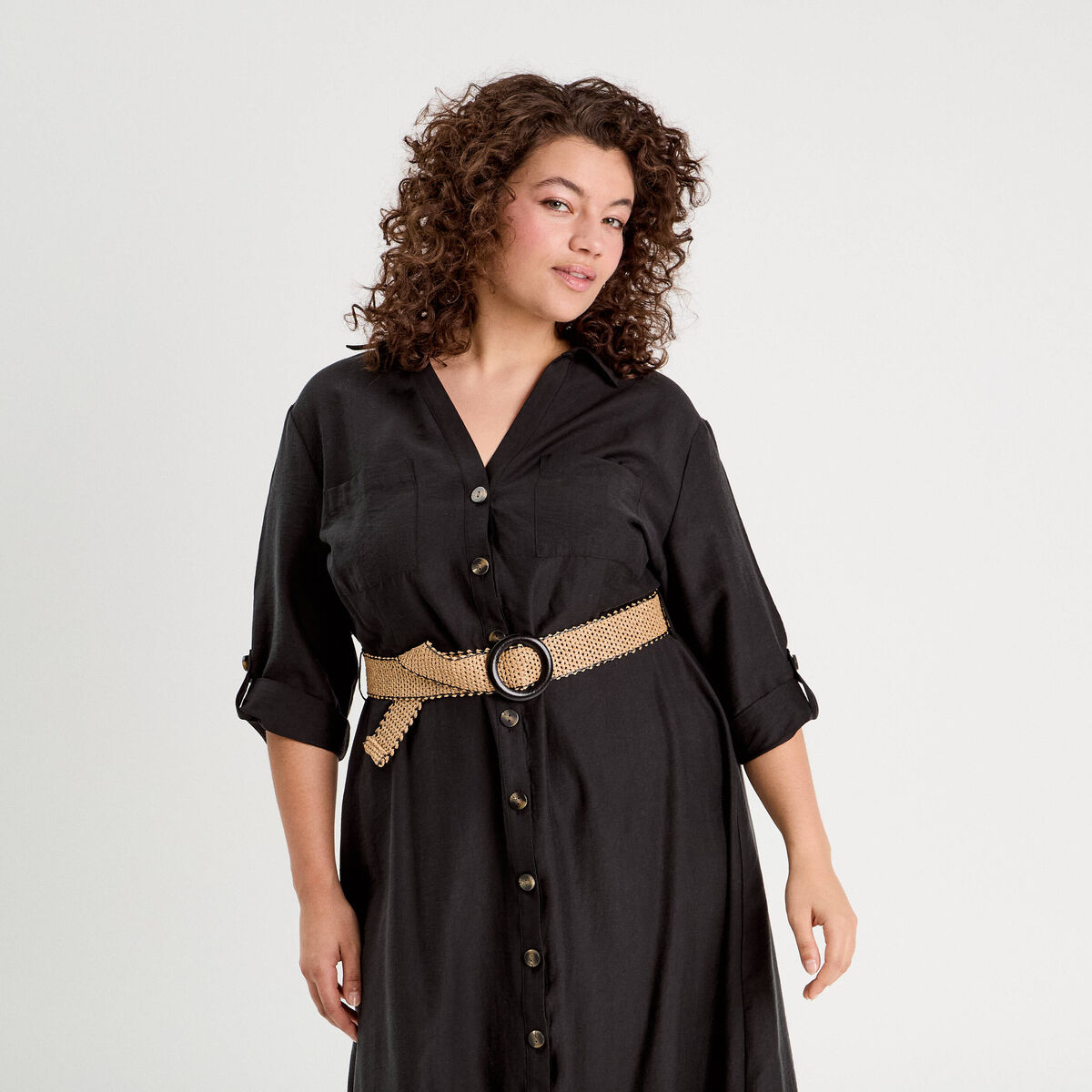 Robe longue évasée ceinturée noir femme