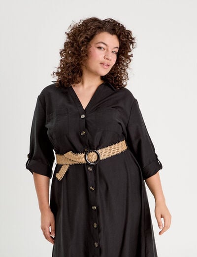 Robe longue évasée ceinturée noir femme