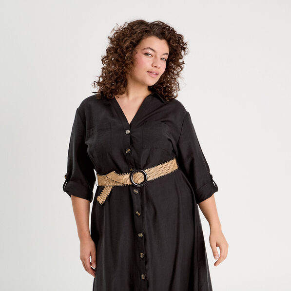 Robe longue évasée ceinturée noir femme