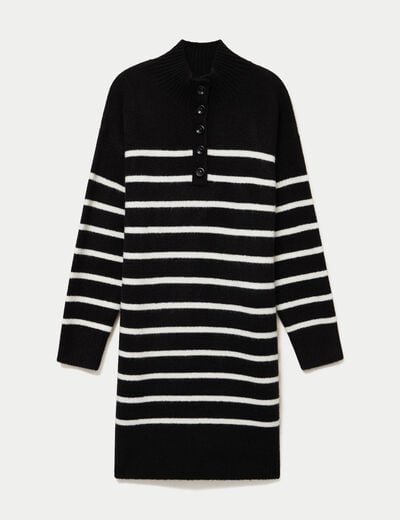 Robe pull droite manches longues 3/4 noir femme