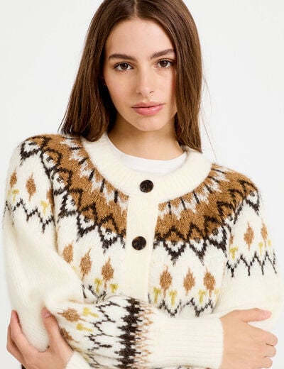 Gilet col rond manches longues ivoire femme